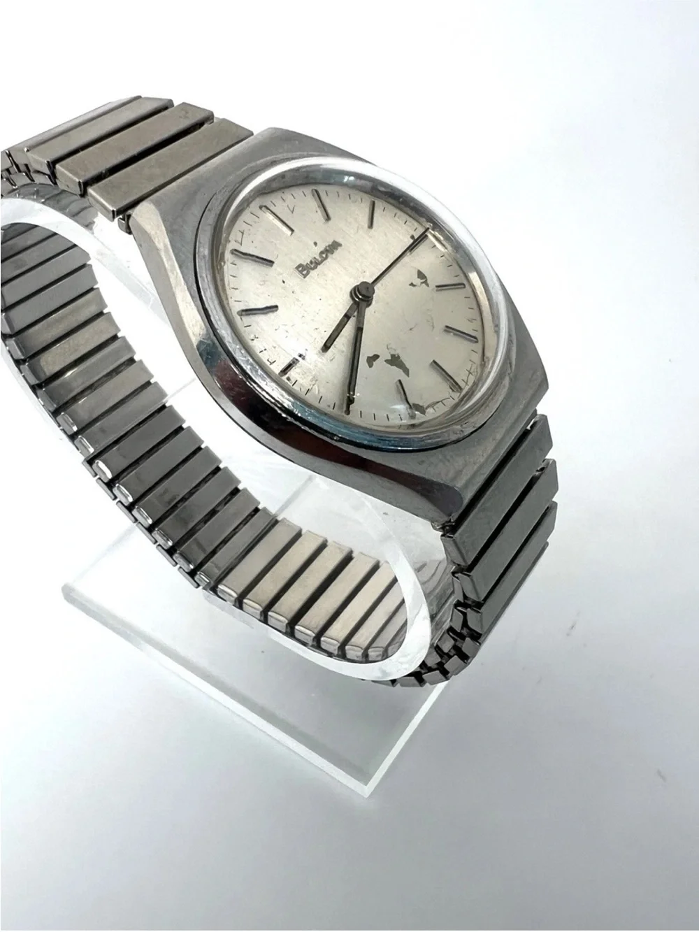 Vintage Bulova Mechanical Silver Stainless Steel Men's Watch - Silver Dial